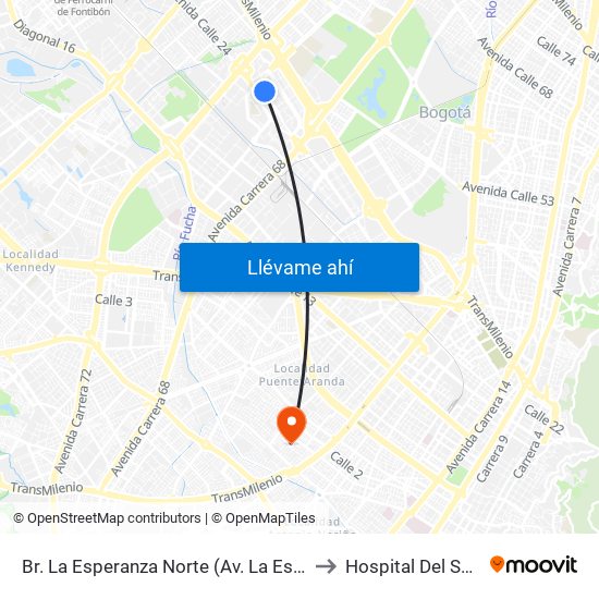 Br. La Esperanza Norte (Av. La Esperanza - Kr 69d) to Hospital Del Sur UPA 36 map