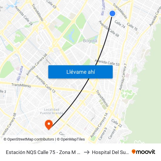 Estación NQS Calle 75 - Zona M (Av. NQS - Cl 75) to Hospital Del Sur UPA 36 map