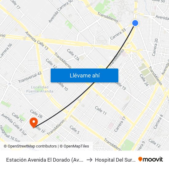 Estación Avenida El Dorado (Av. NQS - Cl 40a) to Hospital Del Sur UPA 36 map