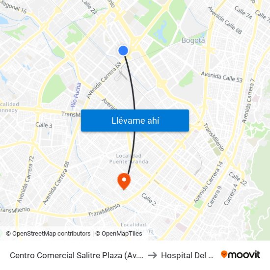 Centro Comercial Salitre Plaza (Av. La Esperanza - Kr 68a) to Hospital Del Sur UPA 36 map