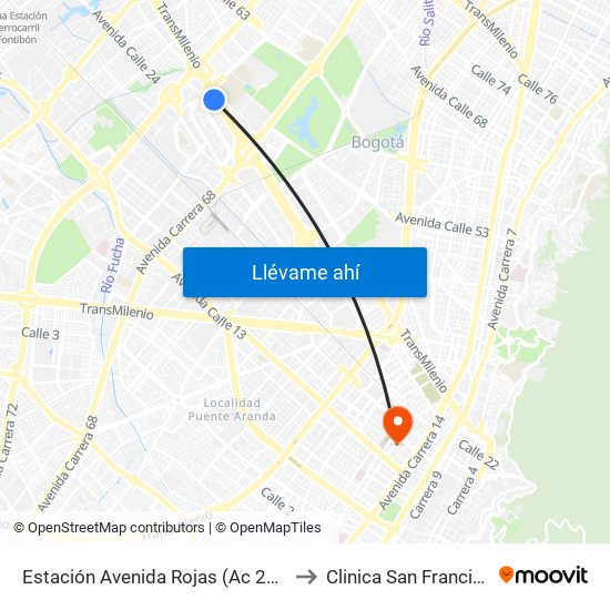 Estación Avenida Rojas (Ac 26 - Kr 69d Bis) (B) to Clinica San Francisco de Asis map
