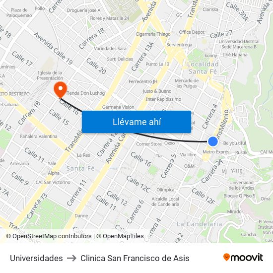 Universidades to Clinica San Francisco de Asis map