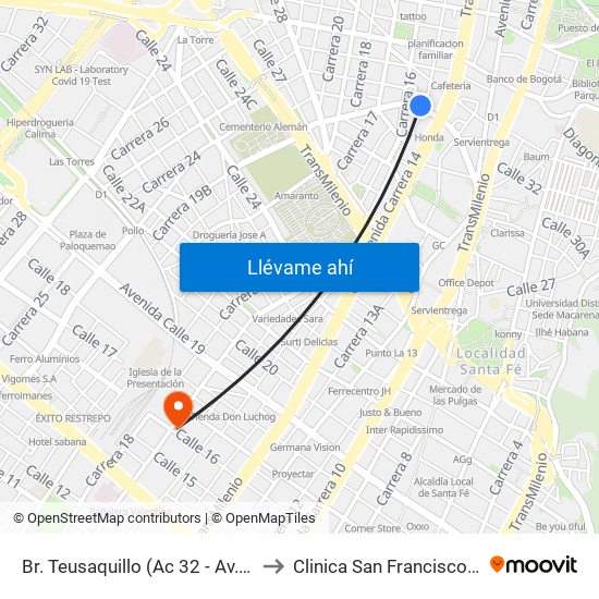 Br. Teusaquillo (Ac 32 - Av. Caracas) to Clinica San Francisco de Asis map