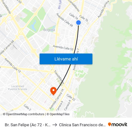 Br. San Felipe (Ac 72 - Kr 17) to Clinica San Francisco de Asis map