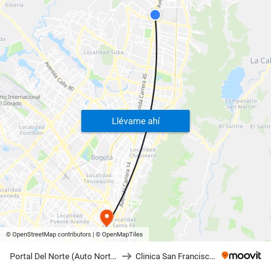 Portal Del Norte (Auto Norte - Cl 174a) to Clinica San Francisco de Asis map