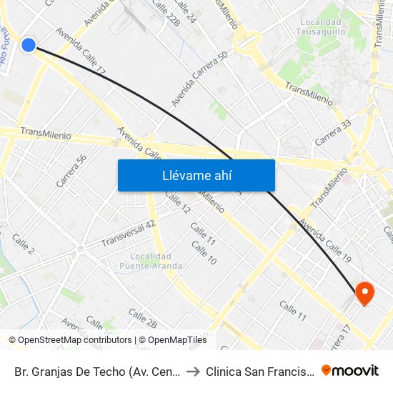 Br. Granjas De Techo (Av. Centenario - Kr 65) to Clinica San Francisco de Asis map