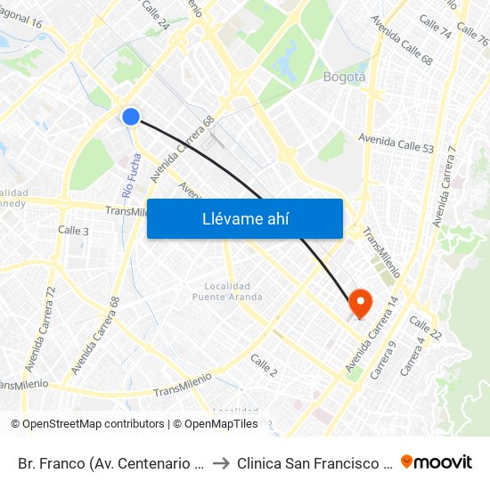 Br. Franco (Av. Centenario - Kr 69b) to Clinica San Francisco de Asis map