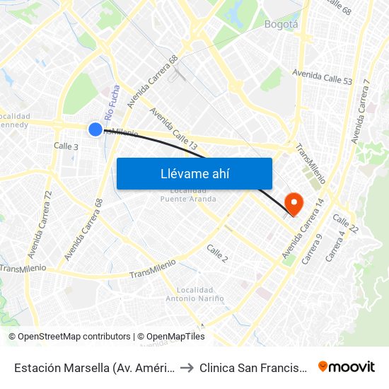 Estación Marsella (Av. Américas - Kr 69b) to Clinica San Francisco de Asis map