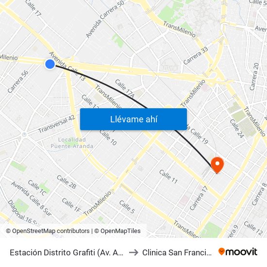 Estación Distrito Grafiti (Av. Américas - Kr 53a) to Clinica San Francisco de Asis map