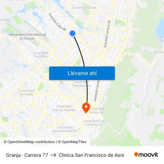 Granja - Carrera 77 to Clinica San Francisco de Asis map
