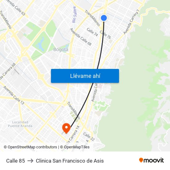 Calle 85 to Clinica San Francisco de Asis map