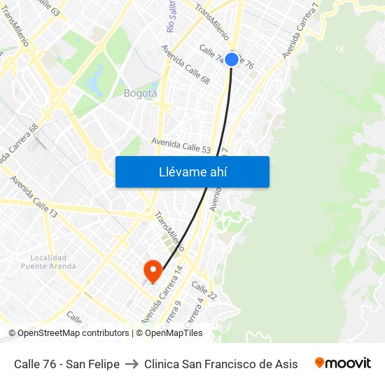 Calle 76 - San Felipe to Clinica San Francisco de Asis map