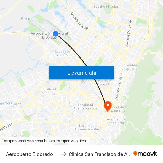 Aeropuerto Eldorado (B) to Clinica San Francisco de Asis map