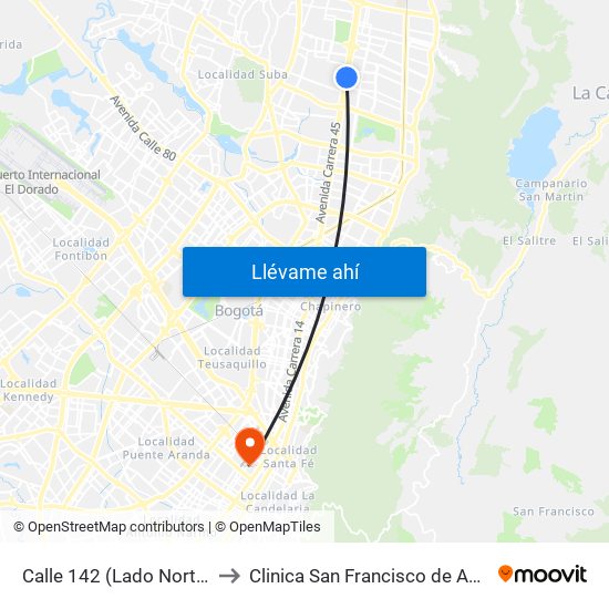 Calle 142 (Lado Norte) to Clinica San Francisco de Asis map