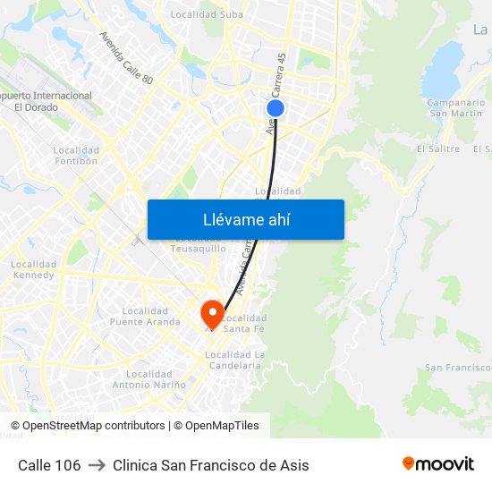 Calle 106 to Clinica San Francisco de Asis map