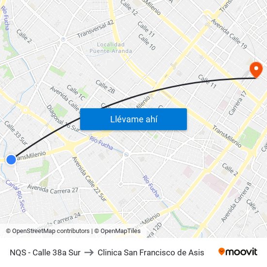 NQS - Calle 38a Sur to Clinica San Francisco de Asis map