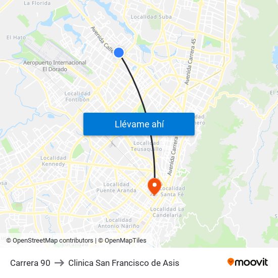 Carrera 90 to Clinica San Francisco de Asis map