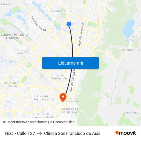 Niza - Calle 127 to Clinica San Francisco de Asis map