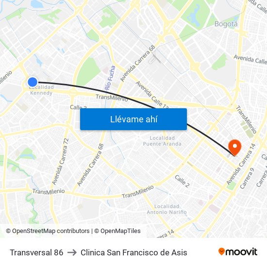 Transversal 86 to Clinica San Francisco de Asis map