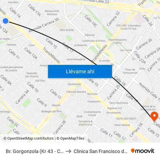 Br. Gorgonzola (Kr 43 - Cl 12b) to Clinica San Francisco de Asis map