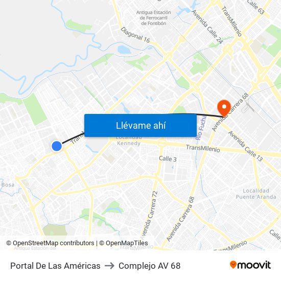 Portal De Las Américas to Complejo AV 68 map