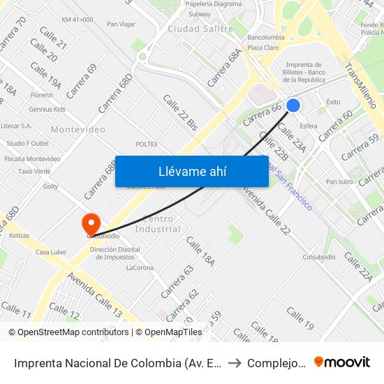 Imprenta Nacional De Colombia (Av. Esperanza - Kr 66) to Complejo AV 68 map