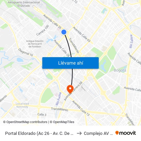 Portal Eldorado (Ac 26 - Av. C. De Cali) to Complejo AV 68 map