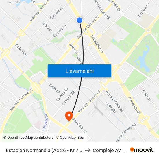 Estación Normandía (Ac 26 - Kr 74) to Complejo AV 68 map