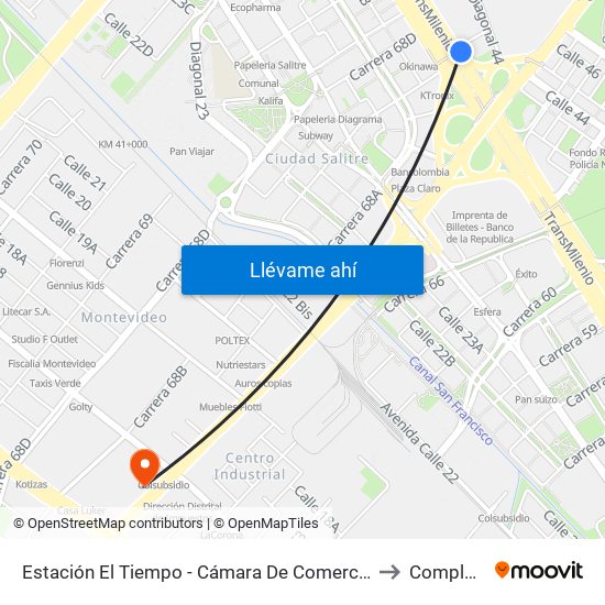 Estación El Tiempo - Cámara De Comercio De Bogotá (Ac 26 - Kr 68b Bis) to Complejo AV 68 map