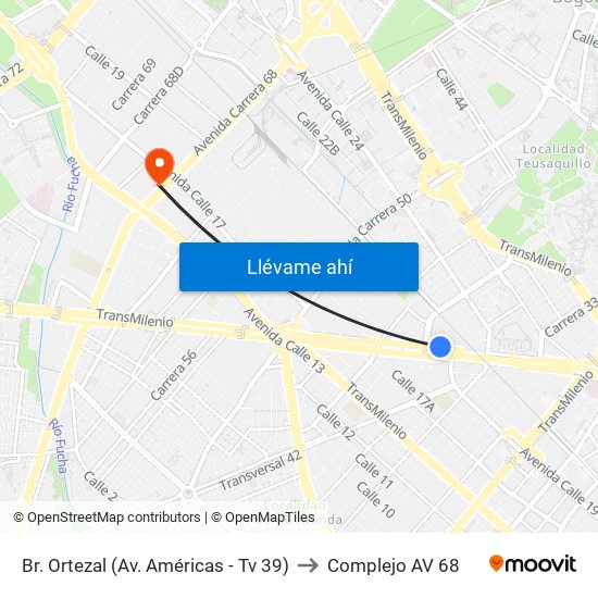 Br. Ortezal (Av. Américas - Tv 39) to Complejo AV 68 map