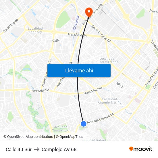 Calle 40 Sur to Complejo AV 68 map