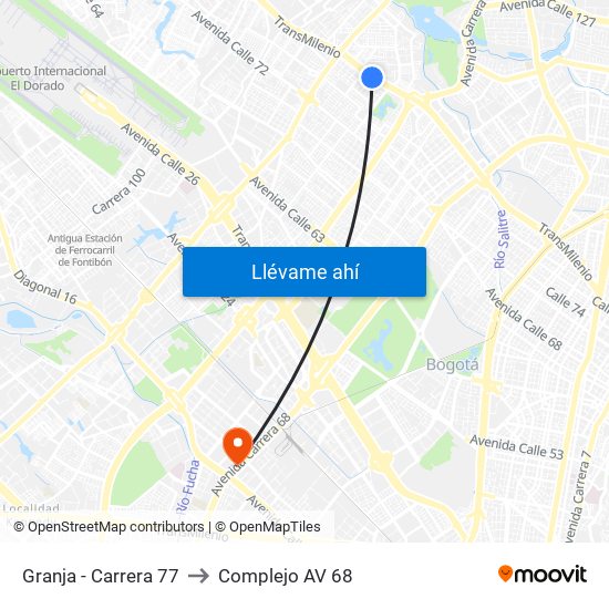 Granja - Carrera 77 to Complejo AV 68 map