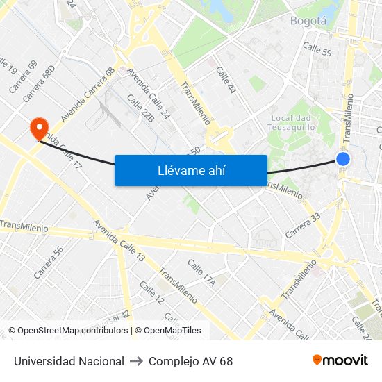 Universidad Nacional to Complejo AV 68 map