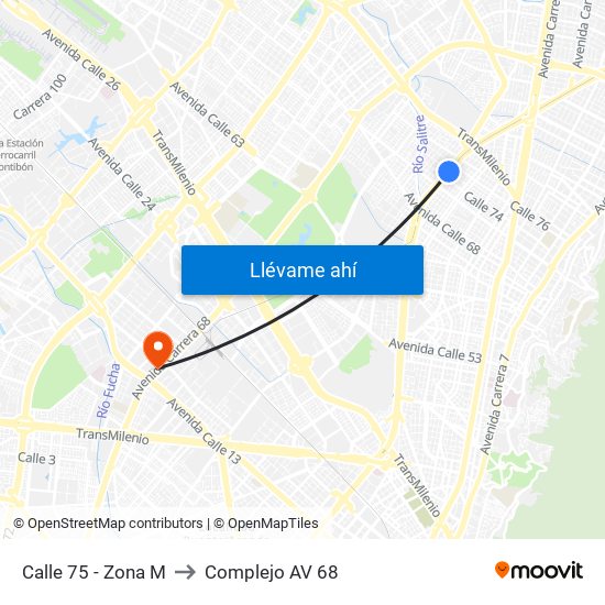 Calle 75 - Zona M to Complejo AV 68 map