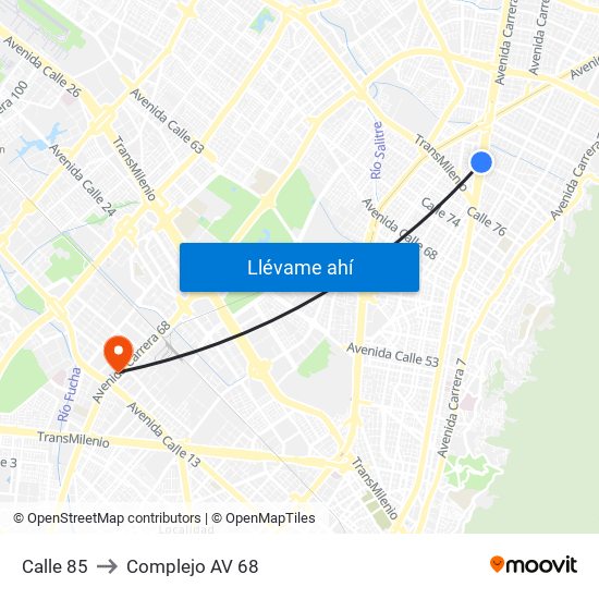 Calle 85 to Complejo AV 68 map