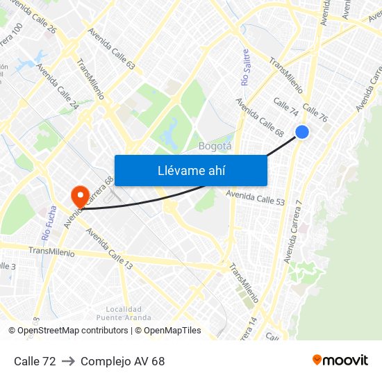 Calle 72 to Complejo AV 68 map