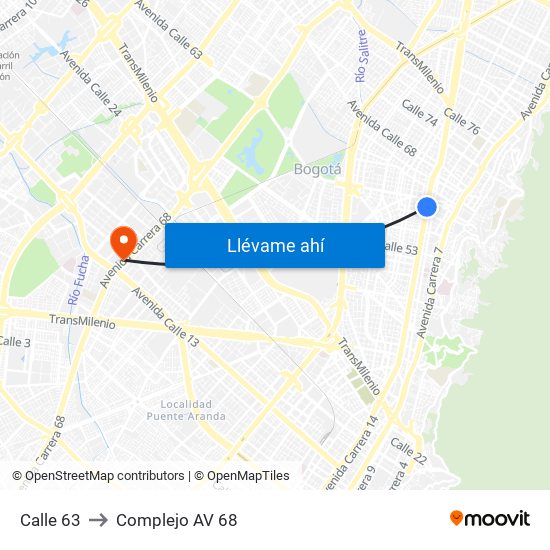 Calle 63 to Complejo AV 68 map