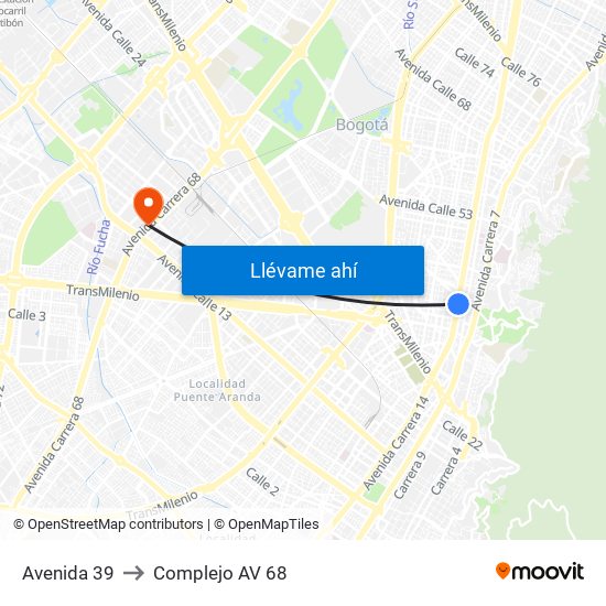 Avenida 39 to Complejo AV 68 map