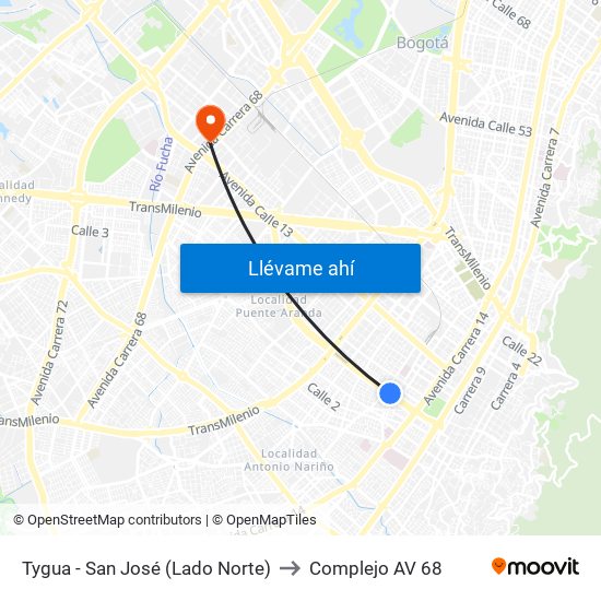 Tygua - San José (Lado Norte) to Complejo AV 68 map