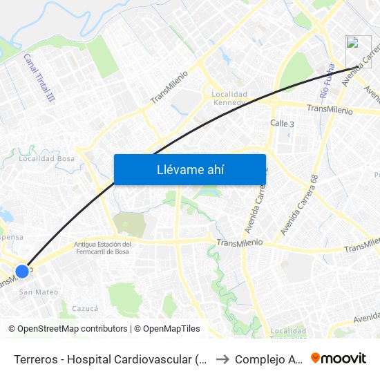 Terreros - Hospital Cardiovascular (Lado Sur) to Complejo AV 68 map