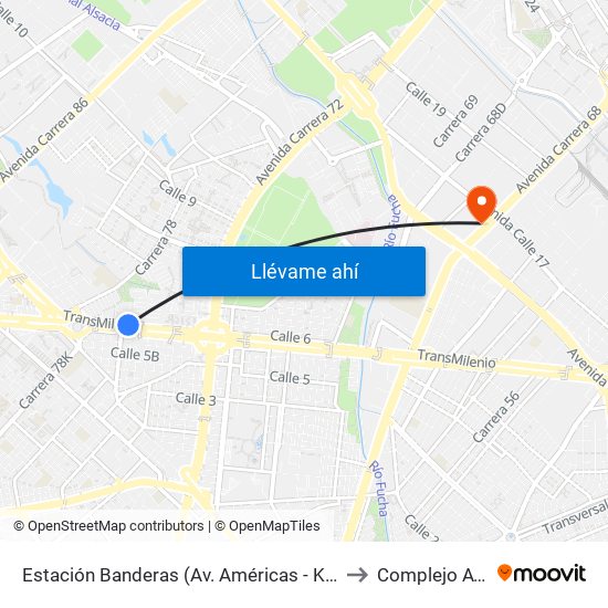 Estación Banderas (Av. Américas - Kr 78a) (A) to Complejo AV 68 map