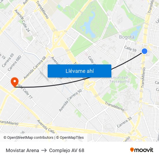 Movistar Arena to Complejo AV 68 map