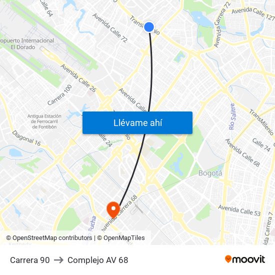 Carrera 90 to Complejo AV 68 map