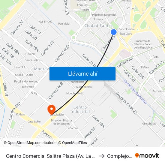 Centro Comercial Salitre Plaza (Av. La Esperanza - Kr 68a) to Complejo AV 68 map