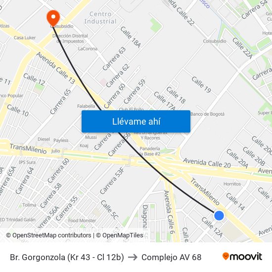 Br. Gorgonzola (Kr 43 - Cl 12b) to Complejo AV 68 map