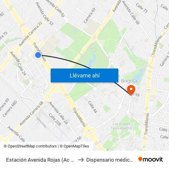 Estación Avenida Rojas (Ac 26 - Kr 69d Bis) (B) to Dispensario médico Fuerza Aérea map