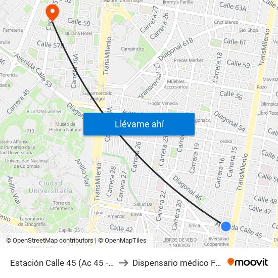 Estación Calle 45 (Ac 45 - Av. Caracas) to Dispensario médico Fuerza Aérea map