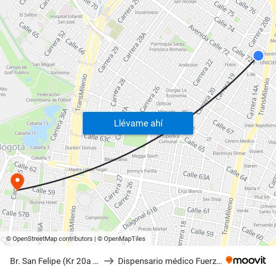 Br. San Felipe (Kr 20a - Cl 74) to Dispensario médico Fuerza Aérea map