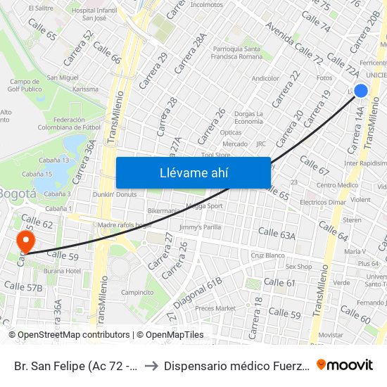 Br. San Felipe (Ac 72 - Kr 17) to Dispensario médico Fuerza Aérea map