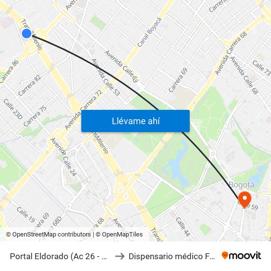 Portal Eldorado (Ac 26 - Av. C. De Cali) to Dispensario médico Fuerza Aérea map